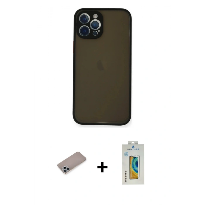 MARSİLYAN™- iPhone 12 Pro Max Kılıf Ahenk Çizgi Serisi - Siyah Polymer Nano Ekran Koruyucu + Shine Kamera Lens Koruma Cam - SABE