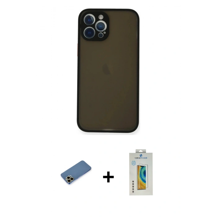 MARSİLYAN™- iPhone 12 Pro Max Kılıf Ahenk Çizgi Serisi - Siyah Polymer Nano Ekran Koruyucu + Shine Kamera Lens Koruma Cam - GD