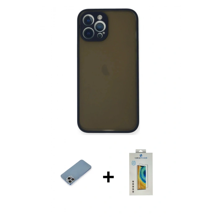 MARSİLYAN™- iPhone 12 Pro Max Kılıf Ahenk Çizgi Serisi - Siyah Polymer Nano Ekran Koruyucu + Shine Kamera Lens Koruma Cam - GI