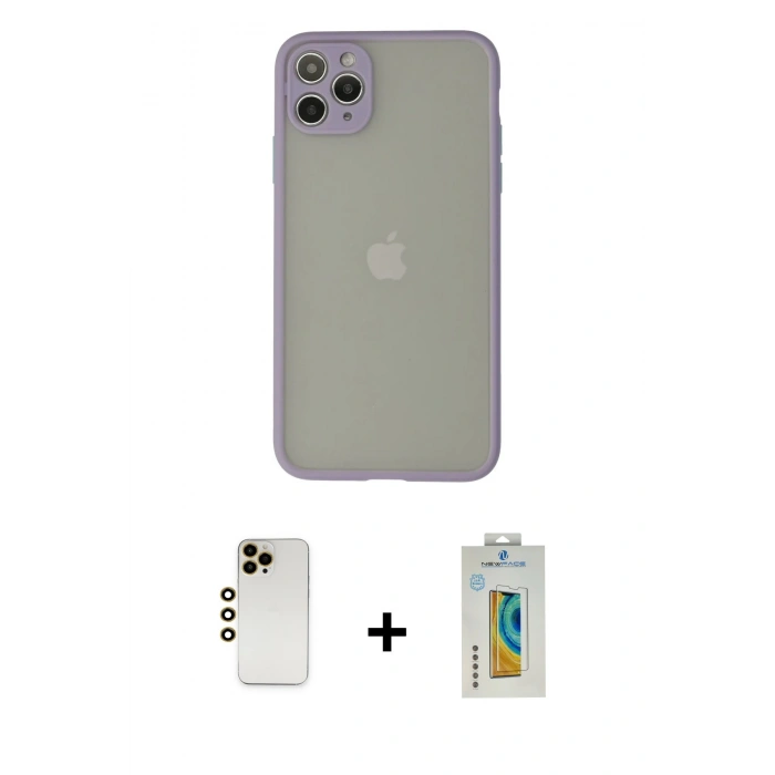 MARSİLYAN™- iPhone 12 Pro Max Kılıf Ahenk Çizgi Serisi - Siyah Polymer Nano Ekran Koruyucu + Shine Kamera Lens - GD