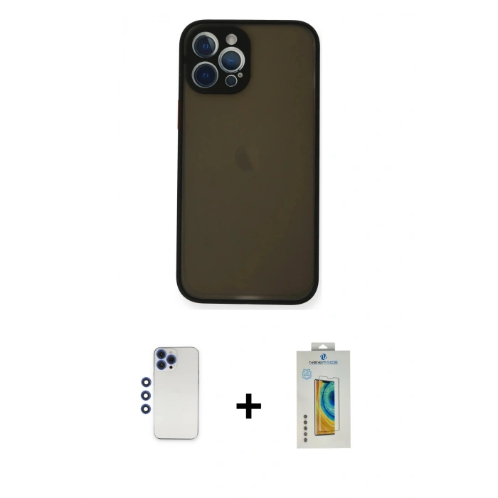 MARSİLYAN™- iPhone 12 Pro Max Kılıf Ahenk Çizgi Serisi - Siyah Polymer Nano Ekran Koruyucu + Shine Kamera Lens - LT