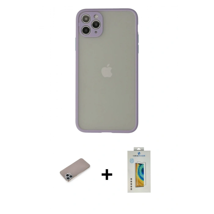 MARSİLYAN™- iPhone 12 Pro Max Kılıf Ahenk Çizgi Serisi - Siyah Polymer Nano Ekran Koruyucu + Shine Kamera Lens Koruma Cam - SABE
