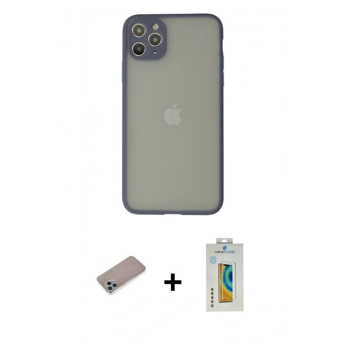 MARSİLYAN™- iPhone 12 Pro Max Kılıf Ahenk Çizgi Serisi - Siyah Polymer Nano Ekran Koruyucu + Shine Kamera Lens Koruma Cam - SABE