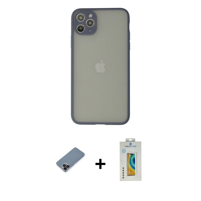 MARSİLYAN™- iPhone 12 Pro Max Kılıf Ahenk Çizgi Serisi - Siyah Polymer Nano Ekran Koruyucu + Siyah Metal Kamera Lens Koruma Cam