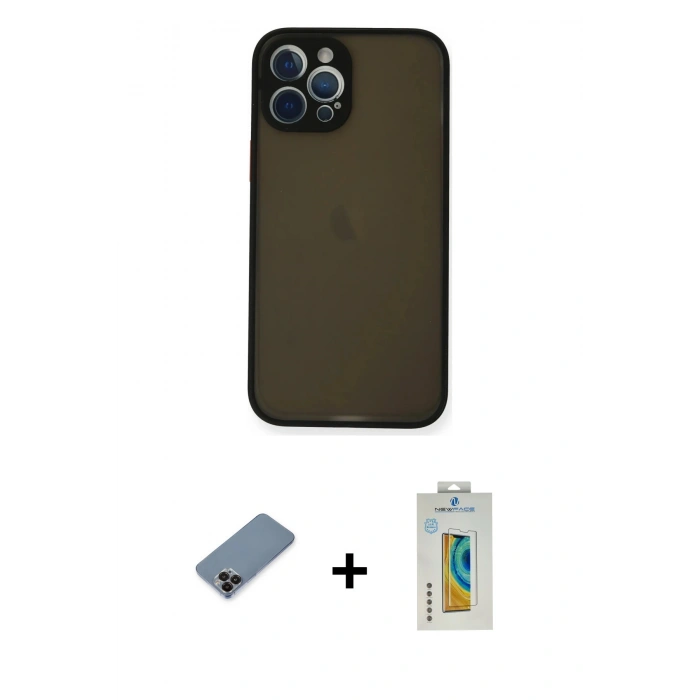MARSİLYAN™- iPhone 12 Pro Max Kılıf Ahenk Çizgi Serisi - Siyah Polymer Nano Ekran Koruyucu + Siyah Metal Kamera Lens Koruma Cam