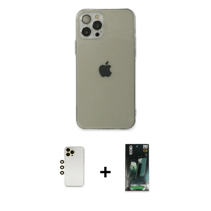 MARSİLYAN™- iPhone 12 Pro Max Kılıf Ahenk Doku - Şeffaf 360 Full Body Arka Koruyucu + Shine Kamera Lens - GD