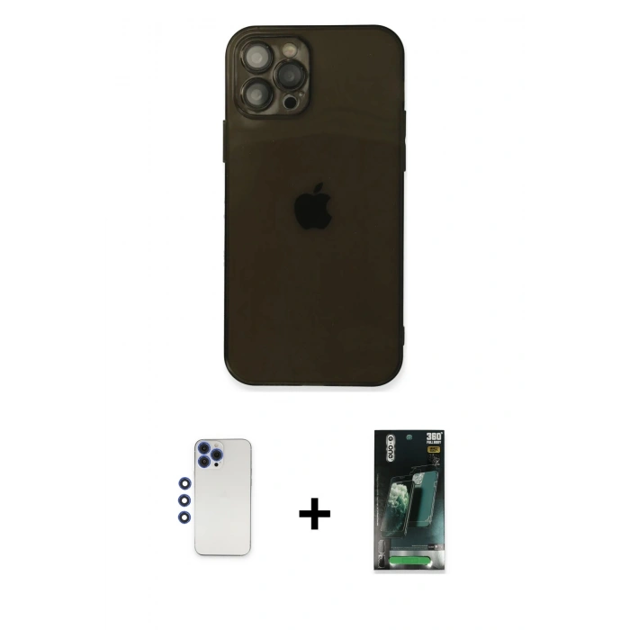 MARSİLYAN™- iPhone 12 Pro Max Kılıf Ahenk Doku - Şeffaf 360 Full Body Arka Koruyucu + Shine Kamera Lens - LT