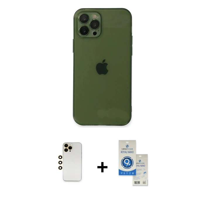 MARSİLYAN™- iPhone 12 Pro Max Kılıf Ahenk Doku - Şeffaf Royal Nano Ekran Koruyucu + Shine Kamera Lens - GD