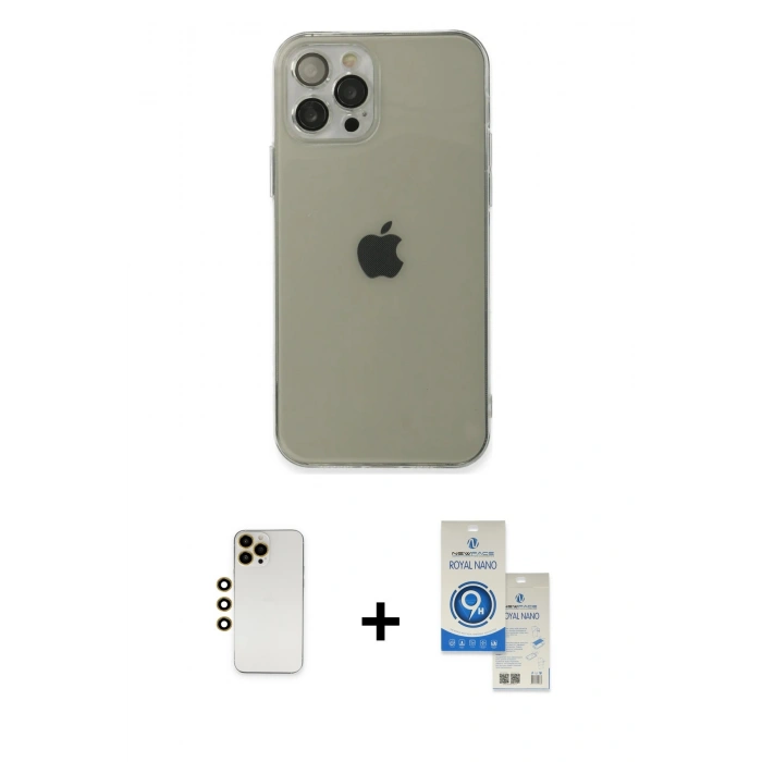 MARSİLYAN™- iPhone 12 Pro Max Kılıf Ahenk Doku - Şeffaf Royal Nano Ekran Koruyucu + Shine Kamera Lens - GD