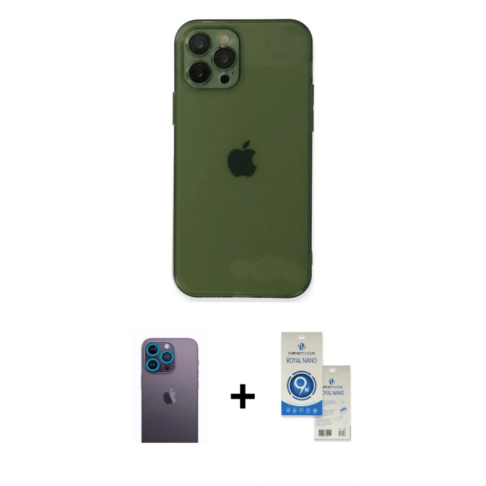MARSİLYAN™- iPhone 12 Pro Max Kılıf Ahenk Doku - Şeffaf Royal Nano Ekran Koruyucu + Neon Fosforlu Kamera Lens - MI
