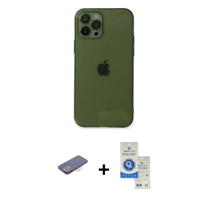 MARSİLYAN™- iPhone 12 Pro Max Kılıf Ahenk Doku - Şeffaf Royal Nano Ekran Koruyucu + Pembe Renkli Kamera Lens Koruma Cam