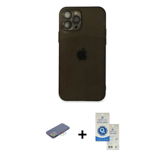 MARSİLYAN™- iPhone 12 Pro Max Kılıf Ahenk Doku - Şeffaf Royal Nano Ekran Koruyucu + Renkli Kamera Lens Koruma Cam - MI