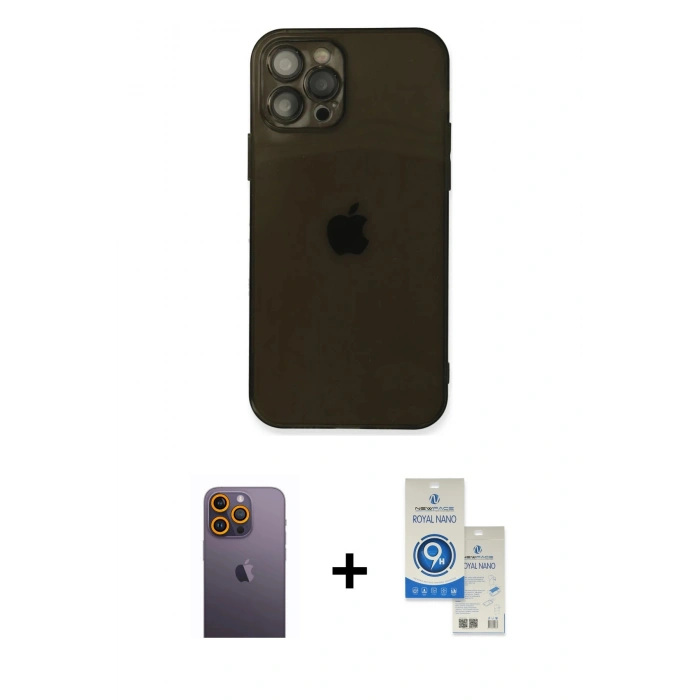 MARSİLYAN™- iPhone 12 Pro Max Kılıf Ahenk Doku - Şeffaf Royal Nano Ekran Koruyucu + Neon Fosforlu Kamera Lens - SI