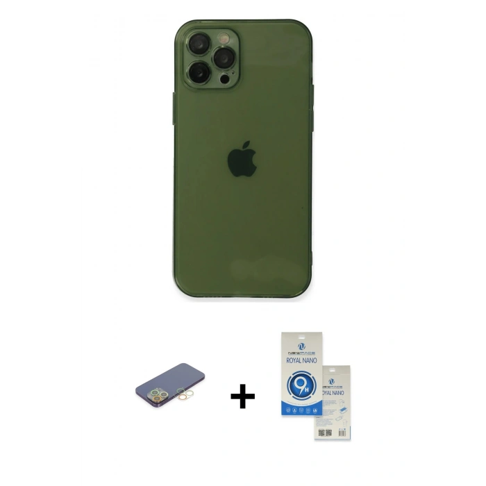 MARSİLYAN™- iPhone 12 Pro Max Kılıf Ahenk Doku - Şeffaf Royal Nano Ekran Koruyucu + Sarı Renkli Kamera Lens Koruma Cam