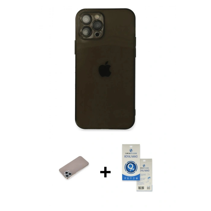 MARSİLYAN™- iPhone 12 Pro Max Kılıf Ahenk Doku - Şeffaf Royal Nano Ekran Koruyucu + Shine Kamera Lens Koruma Cam - SABE