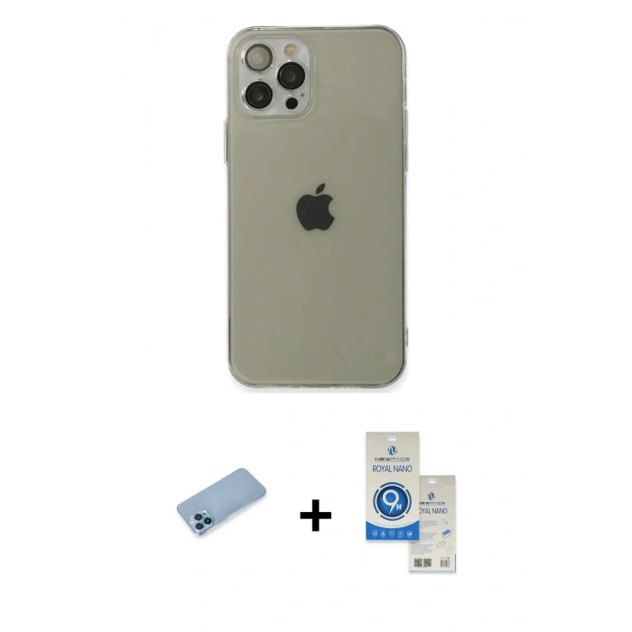 MARSİLYAN™- iPhone 12 Pro Max Kılıf Ahenk Doku - Şeffaf Royal Nano Ekran Koruyucu + Shine Kamera Lens Koruma Cam - MI
