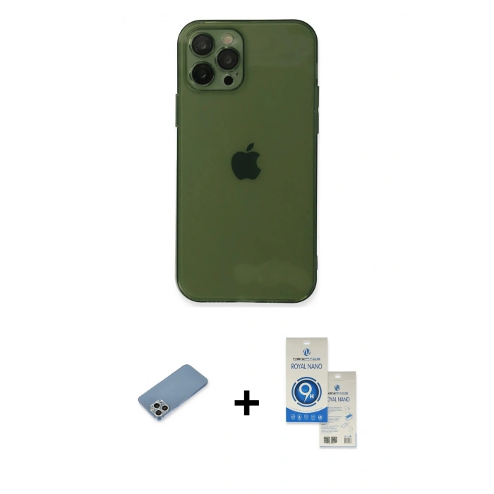 MARSİLYAN™- iPhone 12 Pro Max Kılıf Ahenk Doku - Şeffaf Royal Nano Ekran Koruyucu + Shine Kamera Lens Koruma Cam - GS
