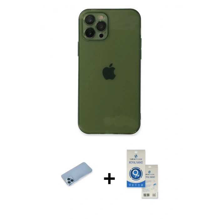 MARSİLYAN™- iPhone 12 Pro Max Kılıf Ahenk Doku - Şeffaf Royal Nano Ekran Koruyucu + Shine Kamera Lens Koruma Cam - MI