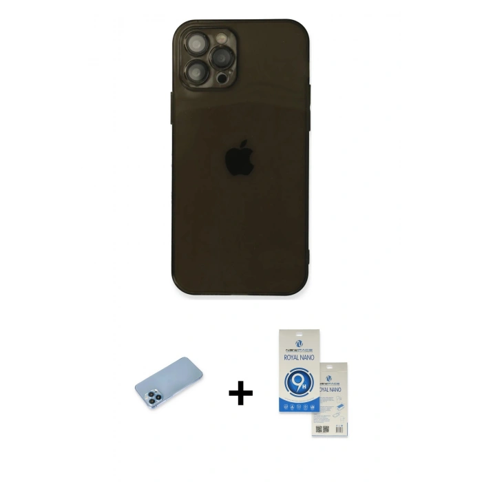 MARSİLYAN™- iPhone 12 Pro Max Kılıf Ahenk Doku - Şeffaf Royal Nano Ekran Koruyucu + Shine Kamera Lens Koruma Cam - MI