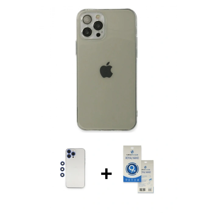 MARSİLYAN™- iPhone 12 Pro Max Kılıf Ahenk Doku - Şeffaf Royal Nano Ekran Koruyucu + Shine Kamera Lens - LT