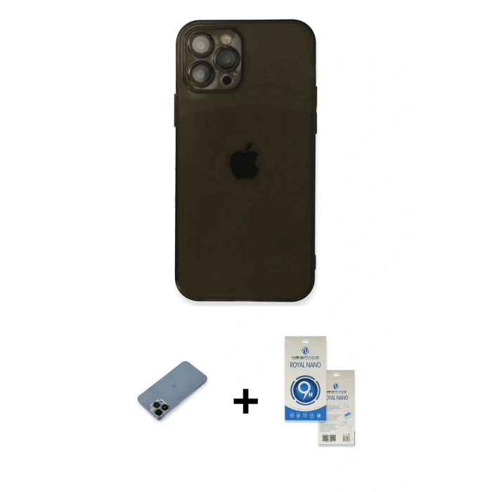 MARSİLYAN™- iPhone 12 Pro Max Kılıf Ahenk Doku - Şeffaf Royal Nano Ekran Koruyucu + Shine Kamera Lens Koruma Cam - SH