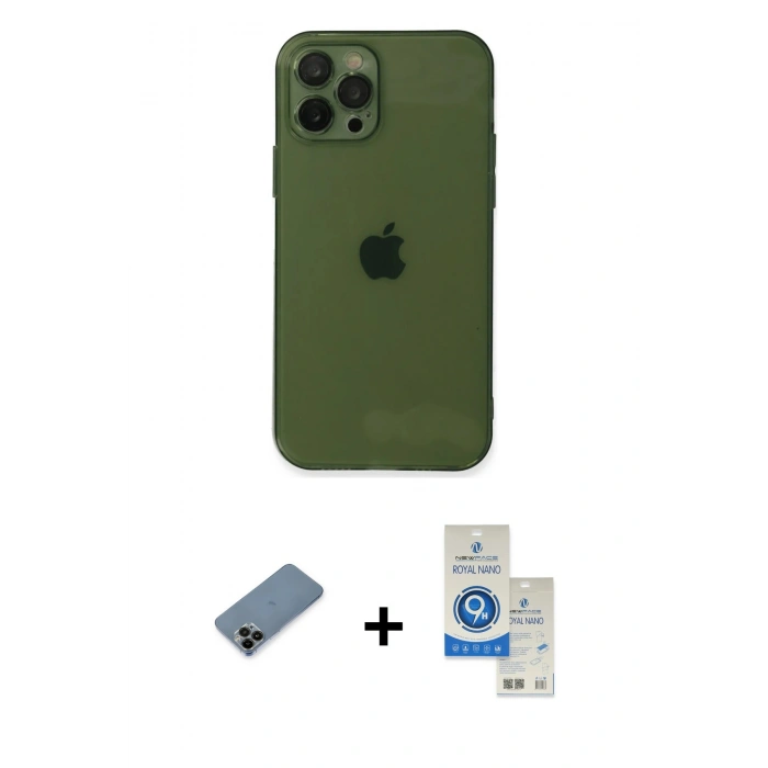 MARSİLYAN™- iPhone 12 Pro Max Kılıf Ahenk Doku - Şeffaf Royal Nano Ekran Koruyucu + Shine Kamera Lens Koruma Cam - SH