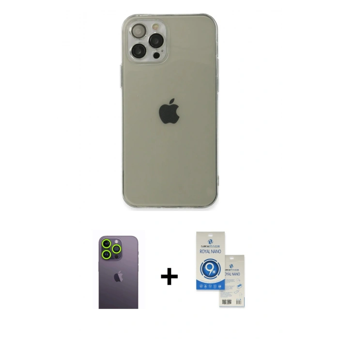 MARSİLYAN™- iPhone 12 Pro Max Kılıf Ahenk Doku - Şeffaf Royal Nano Ekran Koruyucu + Neon Fosforlu Kamera Lens - YL