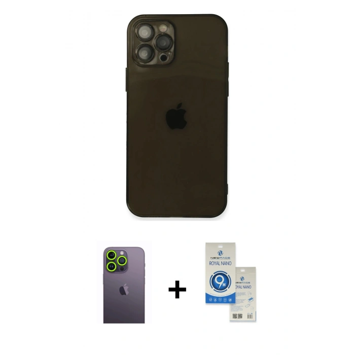 MARSİLYAN™- iPhone 12 Pro Max Kılıf Ahenk Doku - Şeffaf Royal Nano Ekran Koruyucu + Neon Fosforlu Kamera Lens - YL
