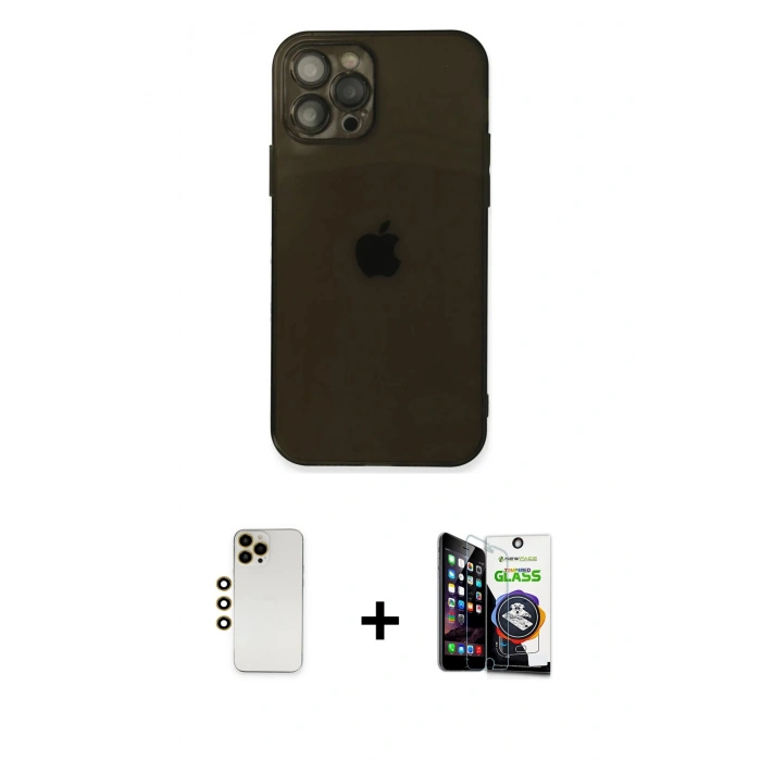MARSİLYAN™- iPhone 12 Pro Max Kılıf Ahenk Doku - Şeffaf Temperli Cam Ekran Koruyucu + Shine Kamera Lens - GD
