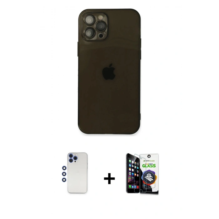 MARSİLYAN™- iPhone 12 Pro Max Kılıf Ahenk Doku - Şeffaf Temperli Cam Ekran Koruyucu + Lacivert Shine Kamera Lens