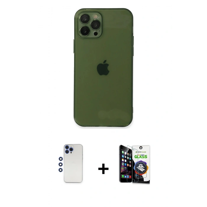MARSİLYAN™- iPhone 12 Pro Max Kılıf Ahenk Doku - Şeffaf Temperli Cam Ekran Koruyucu + Lacivert Shine Kamera Lens