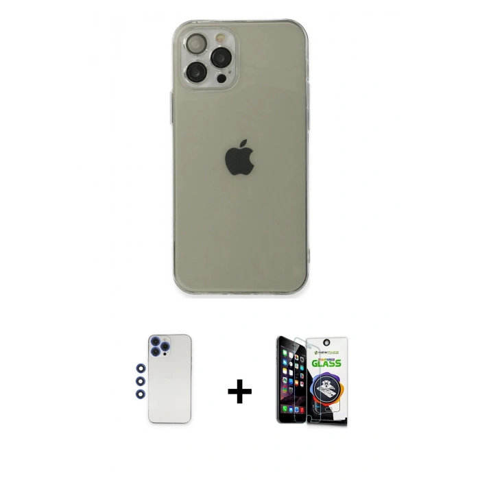 MARSİLYAN™- iPhone 12 Pro Max Kılıf Ahenk Doku - Şeffaf Temperli Cam Ekran Koruyucu + Lacivert Shine Kamera Lens