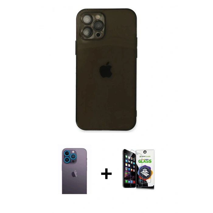 MARSİLYAN™- iPhone 12 Pro Max Kılıf Ahenk Doku - Şeffaf Temperli Cam Ekran Koruyucu + Neon Fosforlu Kamera Lens - MI