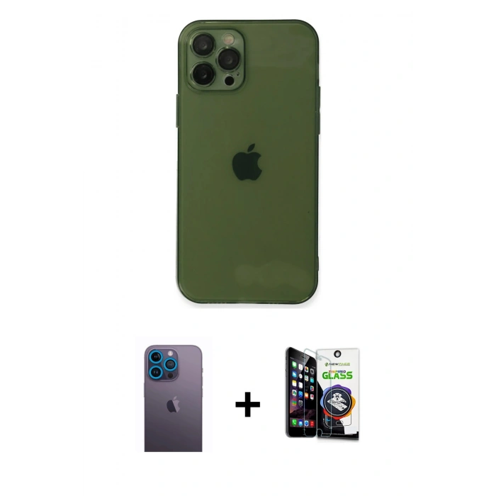 MARSİLYAN™- iPhone 12 Pro Max Kılıf Ahenk Doku - Şeffaf Temperli Cam Ekran Koruyucu + Neon Fosforlu Kamera Lens - MI