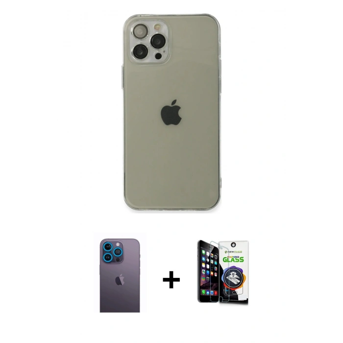MARSİLYAN™- iPhone 12 Pro Max Kılıf Ahenk Doku - Şeffaf Temperli Cam Ekran Koruyucu + Neon Fosforlu Kamera Lens - MI