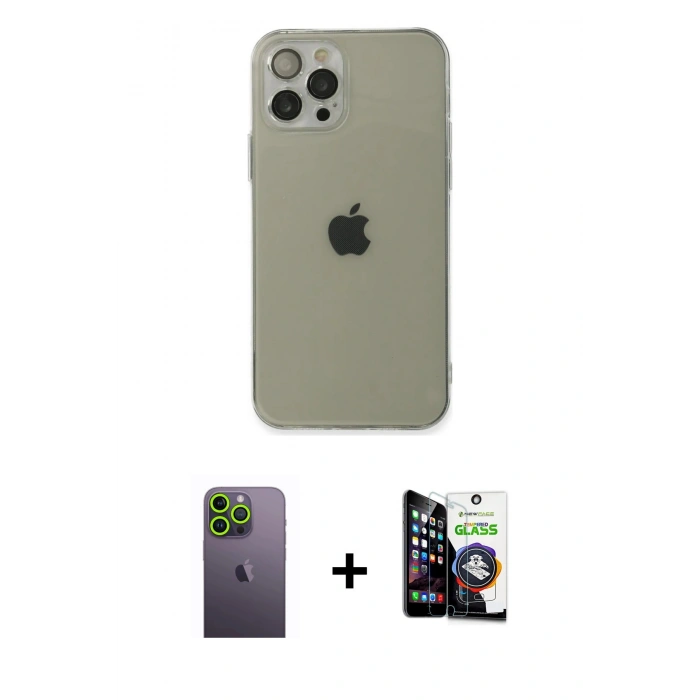 MARSİLYAN™- iPhone 12 Pro Max Kılıf Ahenk Doku - Şeffaf Temperli Cam Ekran Koruyucu + Neon Fosforlu Kamera Lens - YL