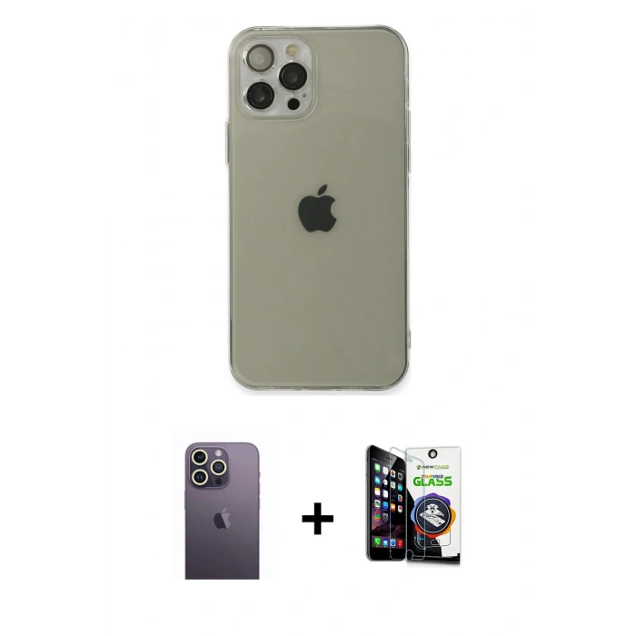 MARSİLYAN™- iPhone 12 Pro Max Kılıf Ahenk Doku - Şeffaf Temperli Cam Ekran Koruyucu + Neon Fosforlu Kamera Lens - BZ