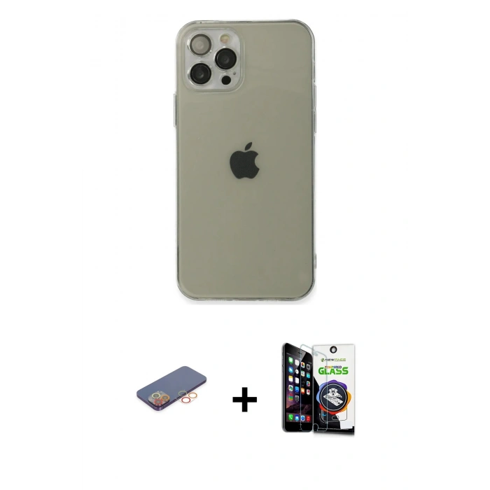 MARSİLYAN™- iPhone 12 Pro Max Kılıf Ahenk Doku - Şeffaf Temperli Cam Ekran Koruyucu + Renkli Kamera Lens Koruma Cam - TU
