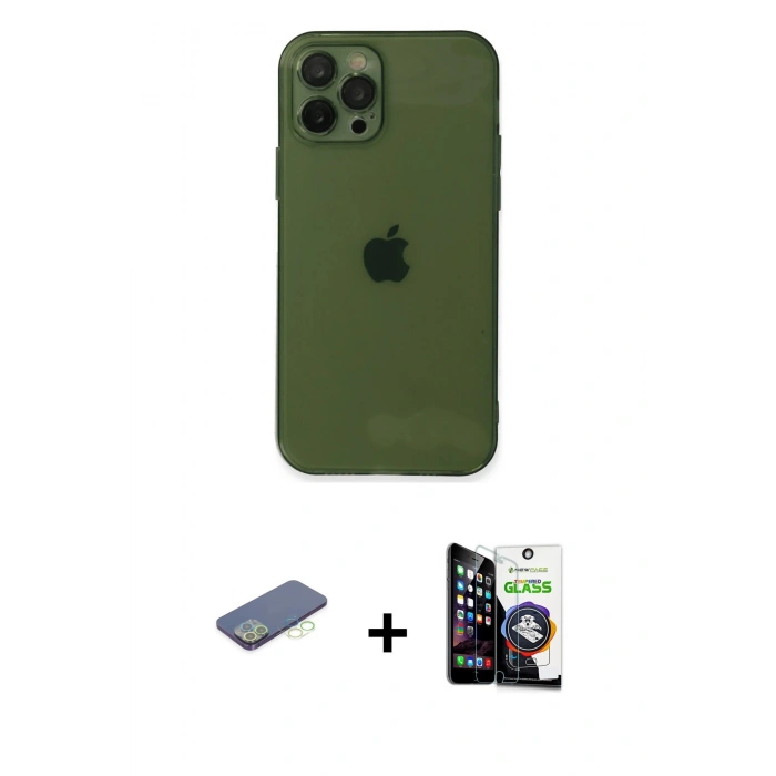 MARSİLYAN™- iPhone 12 Pro Max Kılıf Ahenk Doku - Şeffaf Temperli Cam Ekran Koruyucu + Renkli Kamera Lens Koruma Cam - YL