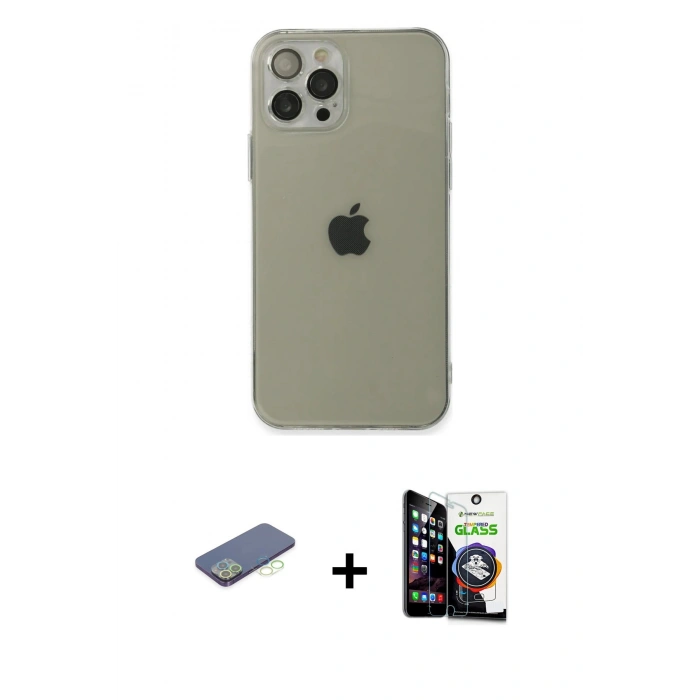 MARSİLYAN™- iPhone 12 Pro Max Kılıf Ahenk Doku - Şeffaf Temperli Cam Ekran Koruyucu + Renkli Kamera Lens Koruma Cam - YL
