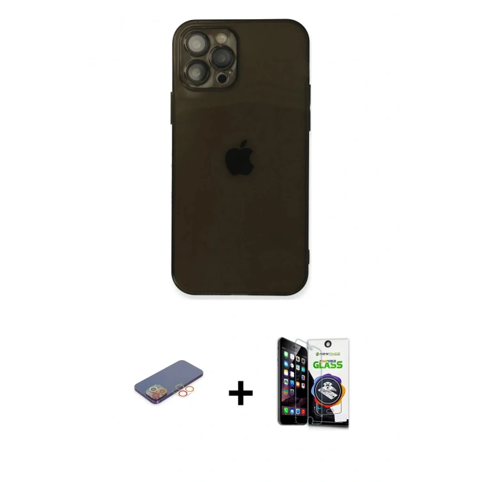 MARSİLYAN™- iPhone 12 Pro Max Kılıf Ahenk Doku - Şeffaf Temperli Cam Ekran Koruyucu + Renkli Kamera Lens Koruma Cam - TU