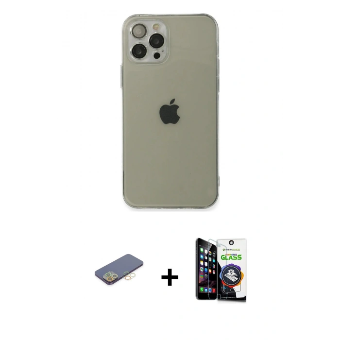 MARSİLYAN™- iPhone 12 Pro Max Kılıf Ahenk Doku - Şeffaf Temperli Cam Ekran Koruyucu + Renkli Kamera Lens Koruma Cam - SI
