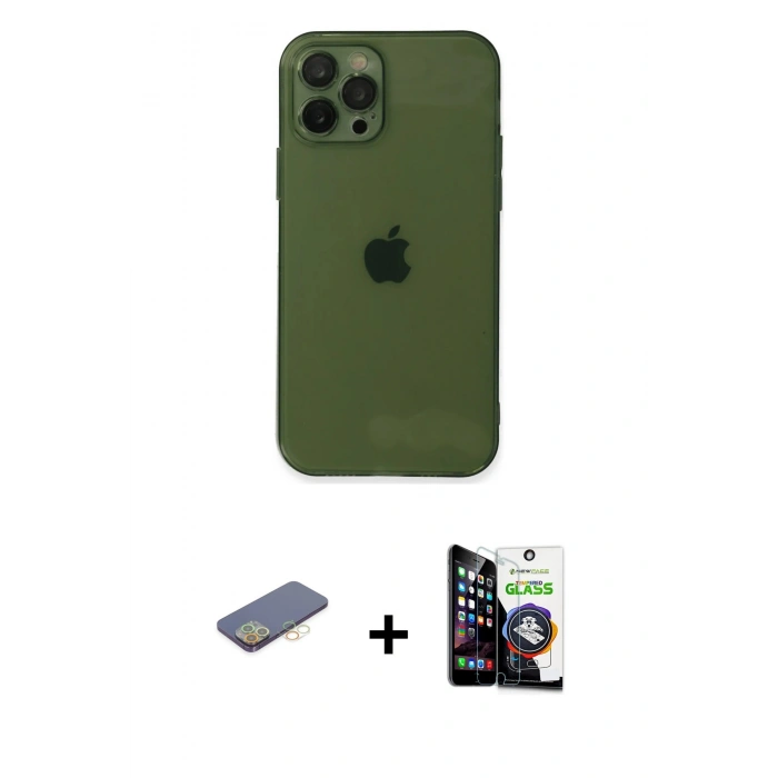 MARSİLYAN™- iPhone 12 Pro Max Kılıf Ahenk Doku - Şeffaf Temperli Cam Ekran Koruyucu + Renkli Kamera Lens Koruma Cam - SI
