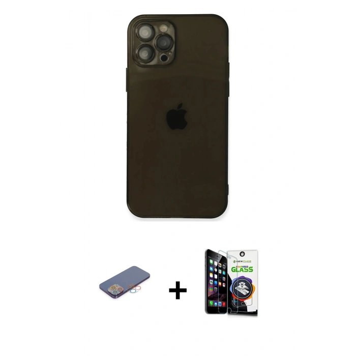MARSİLYAN™- iPhone 12 Pro Max Kılıf Ahenk Doku - Şeffaf Temperli Cam Ekran Koruyucu + Renkli Kamera Lens Koruma Cam - PE