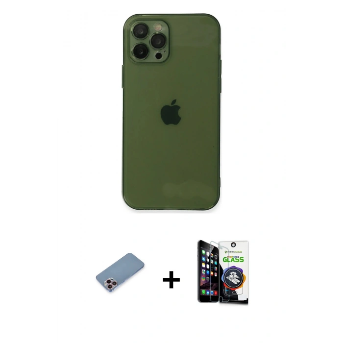 MARSİLYAN™- iPhone 12 Pro Max Kılıf Ahenk Doku - Şeffaf Temperli Cam Ekran Koruyucu + Shine Kamera Lens Koruma Cam - PE
