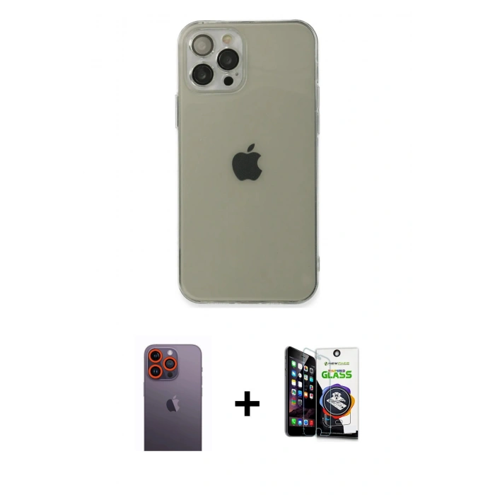 MARSİLYAN™- iPhone 12 Pro Max Kılıf Ahenk Doku - Şeffaf Temperli Cam Ekran Koruyucu + Neon Fosforlu Kamera Lens - TU