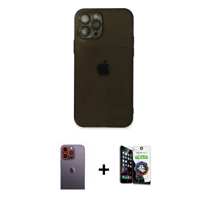 MARSİLYAN™- iPhone 12 Pro Max Kılıf Ahenk Doku - Şeffaf Temperli Cam Ekran Koruyucu + Neon Fosforlu Kamera Lens - TU