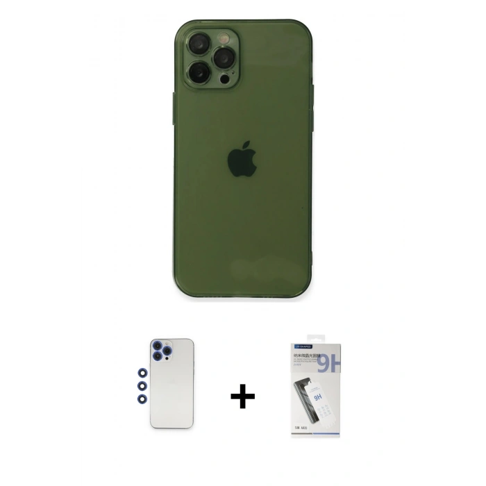 MARSİLYAN™- iPhone 12 Pro Max Kılıf Ahenk Doku - Şeffaf Uv Polymer Nano Ekran Koruyucu + Lacivert Shine Kamera Lens