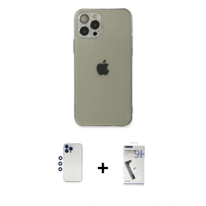 MARSİLYAN™- iPhone 12 Pro Max Kılıf Ahenk Doku - Şeffaf Uv Polymer Nano Ekran Koruyucu + Lacivert Shine Kamera Lens