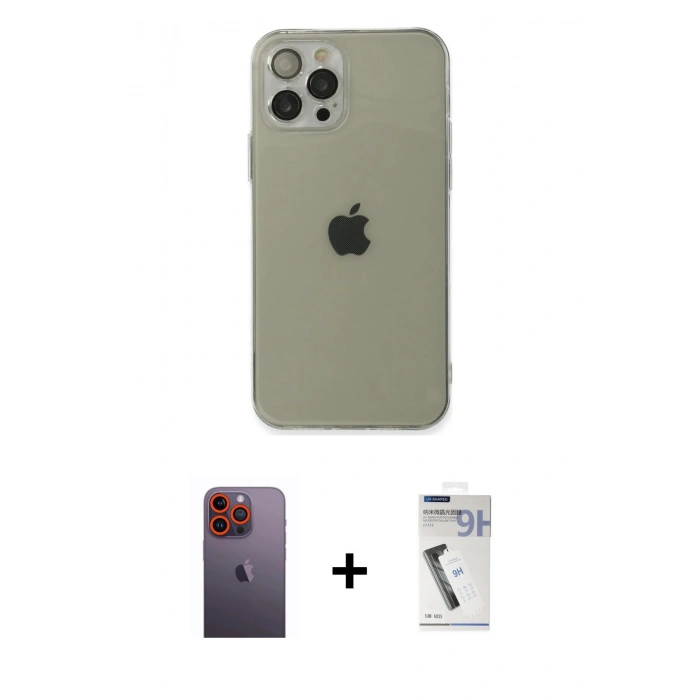 MARSİLYAN™- iPhone 12 Pro Max Kılıf Ahenk Doku - Şeffaf Uv Polymer Nano Ekran Koruyucu + Neon Fosforlu Kamera Lens - TU